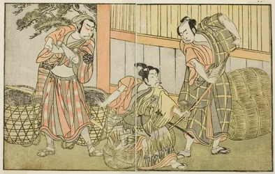 Skådespelarna Kasaya Matakuro II som Hagun Taro (höger), Ichikawa Monnosuke II som Izutsu no Suke Narihira (i mitten) och Nakamura Nakazo I som Kose no Kanaoka förklädd till Sogoro the Charcoal Maker, i pjäsen Kuni no Hana Ono no Itsumoji, framförd vid Nak