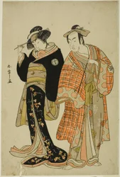 Skådespelarna Matsumoto Koshiro IV och Segawa Kikunojo III som Lovers Choemon (höger) och Ohan (vänster), i Elopement-scenen "Michiyuki Segawa no Adanami" (An Elopement: Treacherous Waves in the Shallow River), ett dansmellanspel från del två av pjäsen