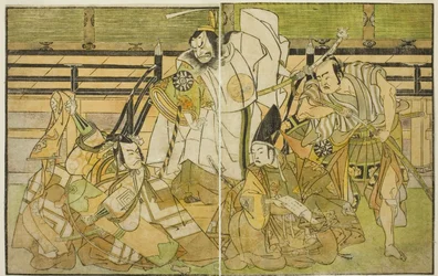 Skådespelarna Nakamura Denkuro II som Seno-o Taro, Ichikawa Komazo II som Yorimasa, Nakamura Nakazo I som Taira no Kiyomori och Ichikawa Danjuro V som Kiou Takiguchi (höger till vänster), i pjäsen Nue no Mori Ichiyo no Mato, framförd kl. Nakamura Theatre i