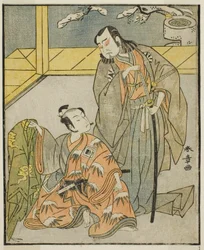 Skådespelarna Nakamura Denkuro II som Suma no Dairyo (höger) och Ichikawa Komazo II som Ariwara no Yukihira (vänster), i pjäsen Kuni no Hana Ono no Itsumoji, framförd på Nakamura Theatre i den elfte månaden, 1771