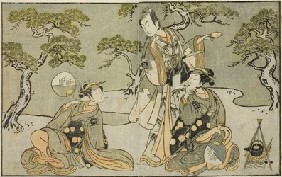 Skådespelarna Nakamura Nakazo I som Matsukaze (höger), Ichikawa Komazo II som Ariwara no Yukihira (mitten) och Iwai Hanshiro IV som Murasame (vänster), i pjäsen Kuni no Hana Ono no Itsumoji, framförd på Nakamura Theatre i den elfte Månad, 1771