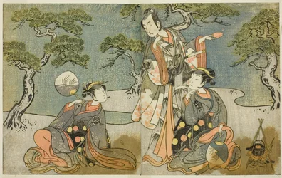 Skådespelarna Nakamura Nakazo I som Matsukaze (höger), Ichikawa Komazo II som Ariwara no Yukihira (mitten) och Iwai Hanshiro IV som Murasame (vänster), i pjäsen Kuni no Hana Ono no Itsumoji, framförd på Nakamura Theatre i den elfte Månad, 1771