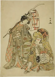 Skådespelarna Nakamura Nakazo I som Onmaya Kisanda klädd som Kakubei the Lion Dancer (Kakubei-jishi) (höger) och Segawa Kikunojo III som Shizuka Gozen (vänster), i danssekvensen "Myoto-zake Kawaranu Nakanaka" (Everlasting Harmony of the Marital) ) Cup), fr