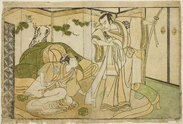 Skådespelarna Nakamura Nakazo I som Taira no Kiyomori (höger) och Yamashita Kinsaku II som Tokiwa Gozen (vänster), i pjäsen Nue no Mori Ichiyo no Mato, framförd på Nakamura Theatre i den elfte månaden, 1770