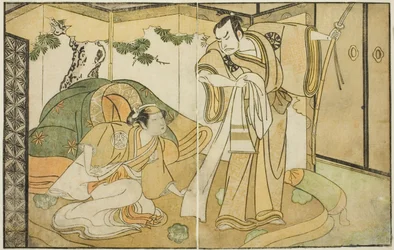 Skådespelarna Nakamura Nakazo I som Taira no Kiyomori (höger) och Yamashita Kinsaku II som Tokiwa Gozen (vänster), i pjäsen Nue no Mori Ichiyo no Mato, framförd på Nakamura Theatre i den elfte månaden, 1770