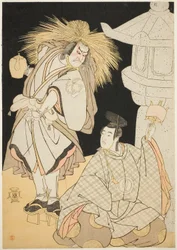 Skådespelarna Nakayama Kojuro VI som Osada Taro Kagemune (i verkligheten Hatcho Tsubute no Kiheiji) i skepnad av en lamptändare från Gion Shrine (vänster), och Sawamura Sojuro III som Komatsu no Shigemori (höger), i tredje akten från del ett av Spela Yukim