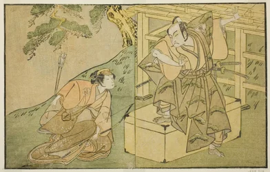 Skådespelarna Onoe Matsusuke I som Akaboshi Taro (höger) och Azuma Tozo II som Shirotae (vänster), i pjäsen Kono Hana Yotsugi no Hachi no Ki, framförd på Ichimura-teatern under den elfte månaden, 1771