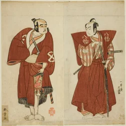 Skådespelarna Onoe Matsusuke I som Yawata no Saburo (höger) och Otani Tomoemon I som Yakko Emohei (vänster), i pjäsen Myoto-giku Izu no Kisewata, framförd på Ichimura Theatre i den elfte månaden, 1770