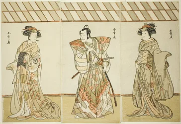 Skådespelarna Onoe Tamizo I som Nishikigi (?) eller Otae (?) (höger), Ichikawa Danjuro V som Miura Heidayu Kunitae (?) (mitten) och Osagawa Tsuneyo II som Oyuki (?) (vänster), i Play Date Nishiki Tsui no Yumitori (?), framförd på Morita Theatre (?) i E