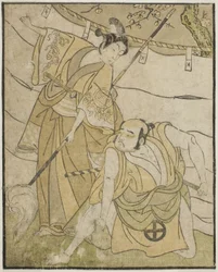 Skådespelarna Otani Tomoemon I som Emohei (höger) och Sanogawa Ichimatsu II som Sanada Yoichi (vänster), i pjäsen Myoto-giku Izu no Kisewata, framförd på Ichimura-teatern under den elfte månaden, 1770