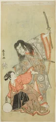 Skådespelarna Sawamura Sojuro II som prästen Shunkan och Azuma Tozo II som Oyasu i pjäsen "Hime Komatsu Ne no Hi Asobi (Utfärd för att plocka tallplantor på nyårets råttadag)"