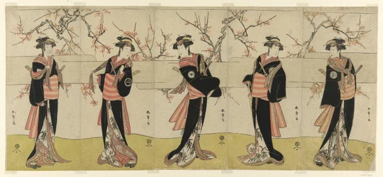 Skådespelarna Segawa Kikunojo III som Karigane Obun, Nakayama Tomisaburo I som An no Oyasu, Iwai Kiyotaro II som Kaminari no Osha, Nakayama Tatezo I som Gokuin no Osen och Ichikawa Monnosuke II som Hotei no Oichi (höger till vänster), i "Gonin" Onna," Scen