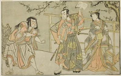 Skådespelarna Yamashita Yaozo I som Ono no Komachi (höger), Matsumoto Koshiro II som Godai Saburo (mitten) och Ichikawa Danzo III som Otomo no Kuronushi (vänster), i pjäsen "Kuni no Hana Ono no Itsumoji", som framfördes på Nakamura Theatre i elfte månaden,