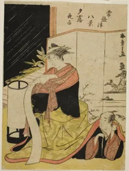 Kurtisanen Yugiri och hennes älskare Fujiya Izaemon, från serien "Tokiwazu Hakkei"
