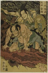 Jordspindeln dödad av den modiga samurajen Watanabe no Tauna (mittenbild)