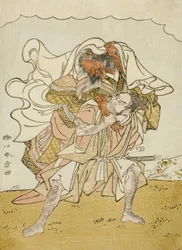 Krigaren Omori Hikoshichi bär en kvinnlig demon på ryggen, ca 1772 (trätryck i färg; chuban)