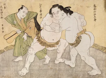 Brottningsmatchen mellan Kimenzan Tanigoro och Edogasaki Gemji (trätryck i färg)