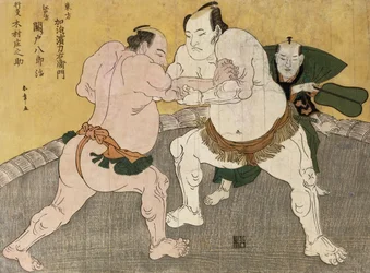 Brottningsmatchen mellan Kimenzan Tanigoro och Edogasaki Gemji (trätryck i färg)