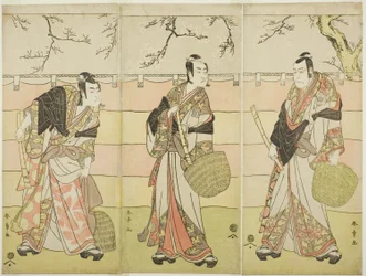 Three Komuso Monks: The Actors Ichikawa Ebizo (Danjuro V) som Kudo Suketsune (höger), Ichikawa Monnosuke II som Soga no Juro Sukenari (mitten) och Ichikawa Omezo I som Soga no Goro Tokimune (vänster), i akten sex av pjäsen Waka Murasaki Edokko Soga (blek l