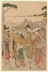 Ett sällskap pilgrimer från Yedo utanför ett tehus på kullarna bakom stranden i Futami som beundrar utsikten, 1795 (träblock i färg)