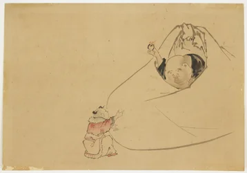 Hotei erbjuder en flammande juvel till en liten pojke, c.1850 (bläck och färg på papper)