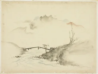 Landskap med Farmer Crossing Bridge, 1615-1868 (bläck och färg på papper)