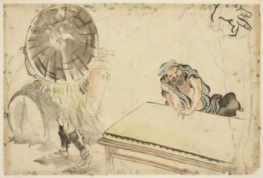 Mochi Maker och en Tatami Maker (två skisser), ca 1815-1849 (bläck och färg på papper)