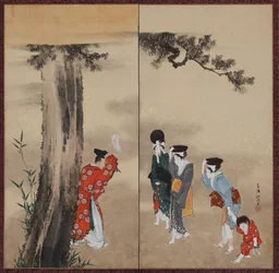 En shintopräst, tre kvinnor och ett barn, Edo-perioden, ca. 1799-1801.