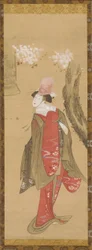 En dansare, Kiyohime, ett körsbärsträd och klockan från Dojo-ji, sent 1700-tidigt 1800-tal.