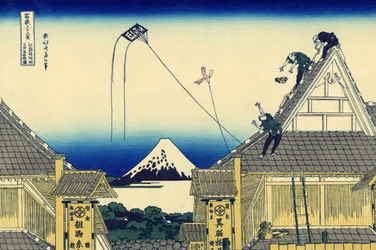 En skiss av Mitsui-butiken på Suruga-gatan i Edo, ca 1830 (träblockstryck)