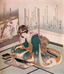 En kvinna som gör en miniatyrmodell av berget Fuji, c1823.