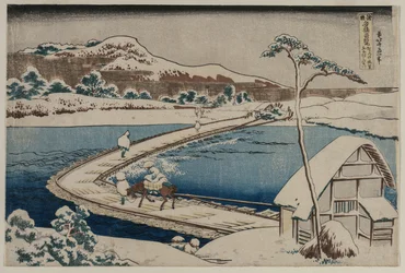 En gammal bild av båtbron vid Sano i Kozuke-provinsen från serien Curious Views of Famous Bridges in the Provinces