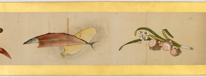 Detalj av Handscroll med diverse bilder, Edo Period, 1839 bläck och färg på papper