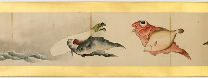 Detalj av Handscroll med diverse bilder, Edo Period, 1839 bläck och färg på papper