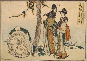 Två kvinnor och en pojke. (Två kvinnor och en pojke). Verk av Katsushika Hokusai (1760-1849), litografi, tryck Edo-period, cirka 1810. Japansk konst