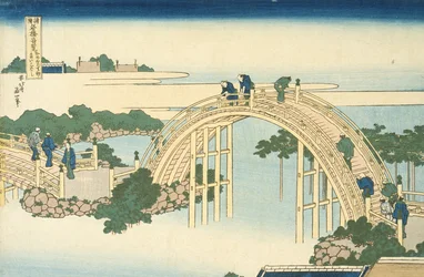 Trumbron vid Kameido Tenjin-helgedomen från serien Wondrous Views of Famous Bridges in All the Province, 1800-talet (färgsnitt)
