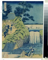 Japanskt tryck: ""Les cascades Aigaoka"" (Waterfall Aigaoka) (Från serien Waterfalls of the Various Provinces) Gravyr från en serie om vattenfallen i olika provinser av Katsushika Hokusai (1760-1849) ca 1829 Pouchkine Museum, Mosc