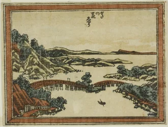 Evening Glow at Seta (Seta no sekisho), från serien Eight Views of Omi in Etching Style (Doban Omi hakkei)