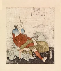 Fiskare som röker vid en bäck, ca 1835 (träsnitt i färg)