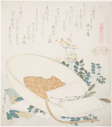 Nyplockade blommor i en resenärs hatt, illustration för The Thousand-grasses Shell (Chigusagai), från serien "A Matching Game with Genroku-period Poem Shells (Genroku kasen kai awase)"