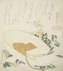 Nyplockade blommor i en resenärs hatt, illustration för The Thousand-grasses Shell