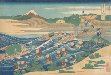Fuji sedd från Kanaya vid Tokaido, Tokaido Kanaya no Fuji, ur serien ”Trettiosex vyer över berget Fuji”, ca 1830-32.
