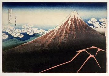 Fuji ovanför blixten, från serien "36 Views of Mount Fuji" ("Fugaku sanjurokkei"), pub. av Nishimura Eijudo, 1831, (handfärgat träblockstryck)