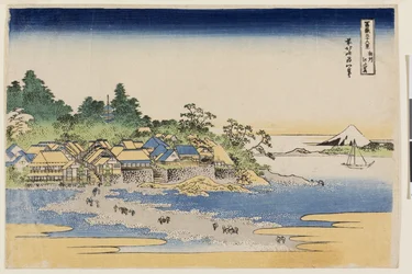 Fuji från Enoshima Island i Sagami-provinsen, från serien Thirty-six Views of Mt. Fuji, tidigt 1830-tal