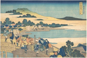 Fukui-bron i provinsen Echizen (Echizen Fukui no hashi), ur serien ”Anmärkningsvärda vyer över broar i olika provinser” (Shokoku meikyō kiran)