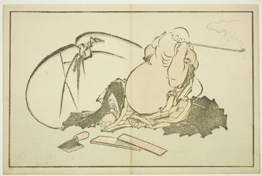 Hotei röker sin pipa, ur The Picture Book of Realistic Paintings of Hokusai (Hokusai shashin gafu), ca 1814 (färgtryck i trä (albumblad))