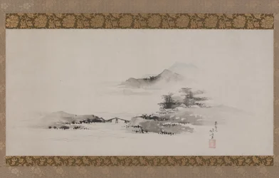 Landskap, Edo-period, ca 1801-02 (bläck och färg på papper monterad som hängande rulle)