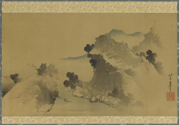 Landskap: berg, bäck och båtar, Edo-period (bläck och färg på sidenpanel)