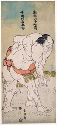 Les lutteurs sumo Takaneyama Yoichiemon och Sendagawa Kichigoro --Sumobrottarna Takaneyama Yoichiemon och Sendagawa Kichigoro par Hokusai, Katsushika (1760-1849). Färg träsnitt, storlek: 30,6x12,9, ca 1792, privat samling