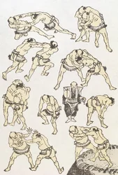Manga: studier av brottares gester och ställningar, pub. 1849, (trätryck i färg)